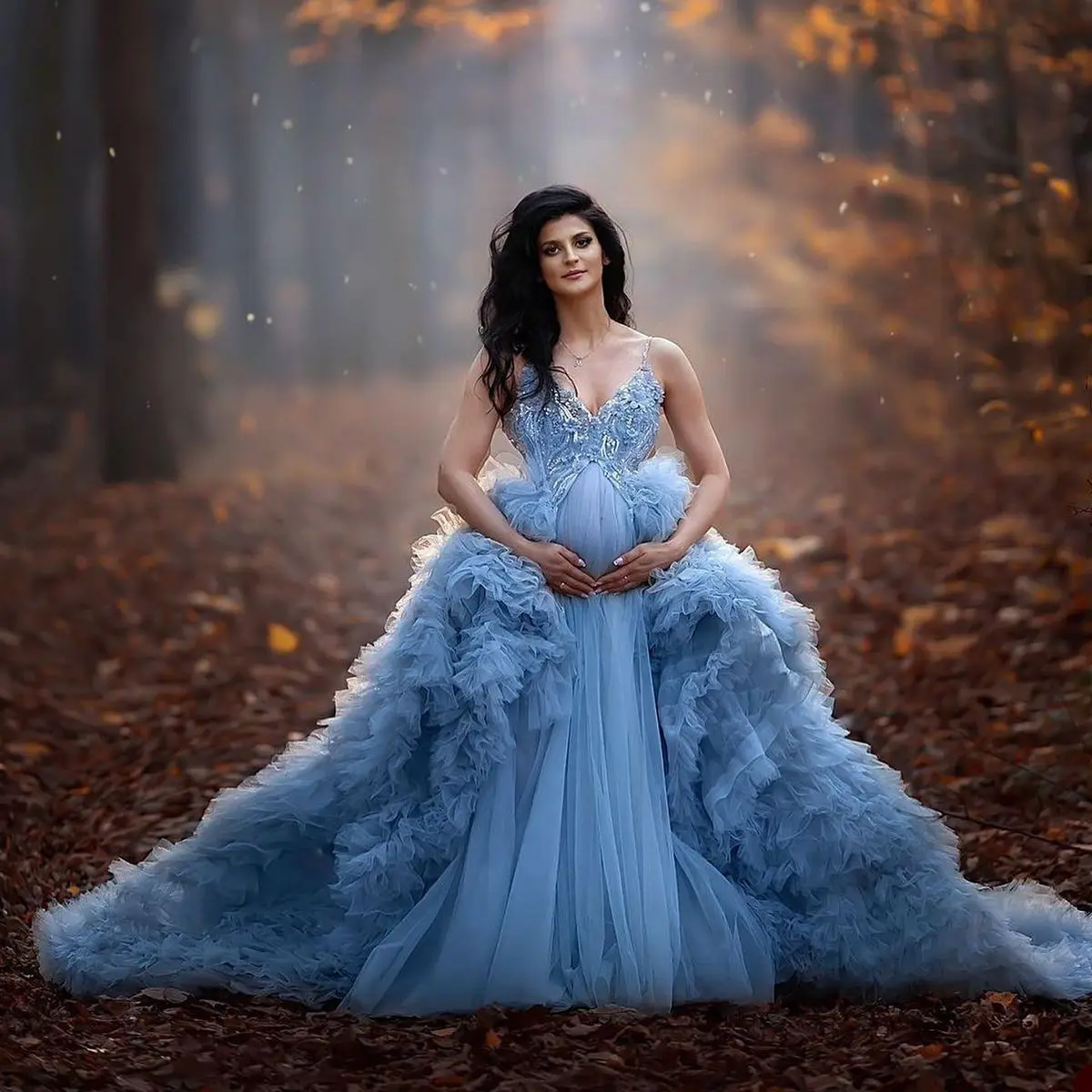 Sky Blue Ruffle Evening Dresses Women's Sheer Sexy Spaghetti Straps Pregnancy Bathgown Maternity Tulle Robe for Photo Shoot