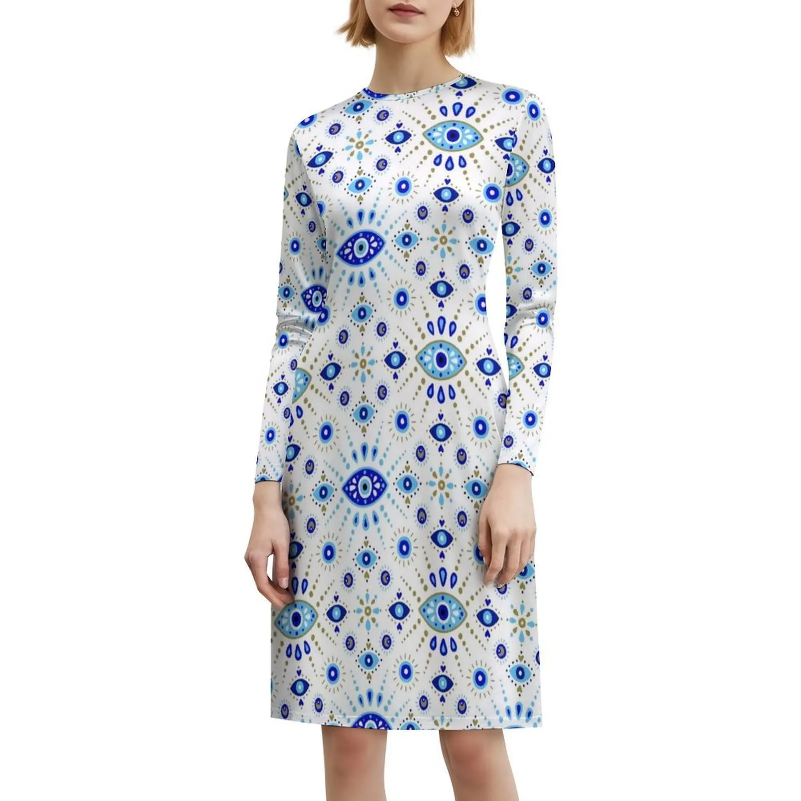 نمط العين الزرقاء تركيا البوهيمي بلا أكمام فستان متعدد الطباعة عطلة الشاطئ فستان الحفلات العين محظوظ سحر تركيا عطلة #6