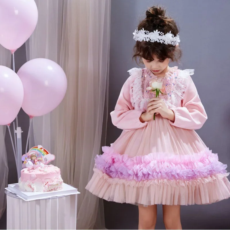 

2025High-End Girl Princess Birthday Party Children's Sequined Long Sleeve Tulle Tutu Dress