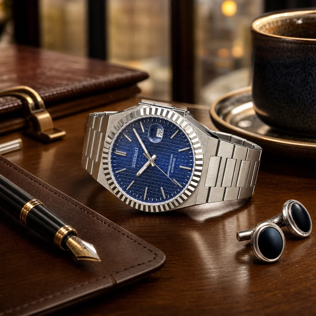 Automatic Mechanical Watch with Seagull Movement Sapphire Crystal Steel Case 40mm Diameter 11.5mm Thickness Calendar and Fluted