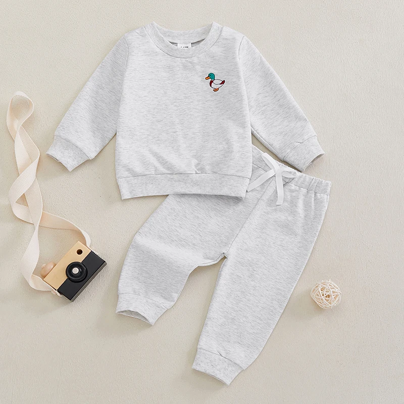 Toddler Girl Boy Outfits Duck Embroidery Long Sleeve Crew Neck Tops with Elastic Waist Pants 2 Pcs Set