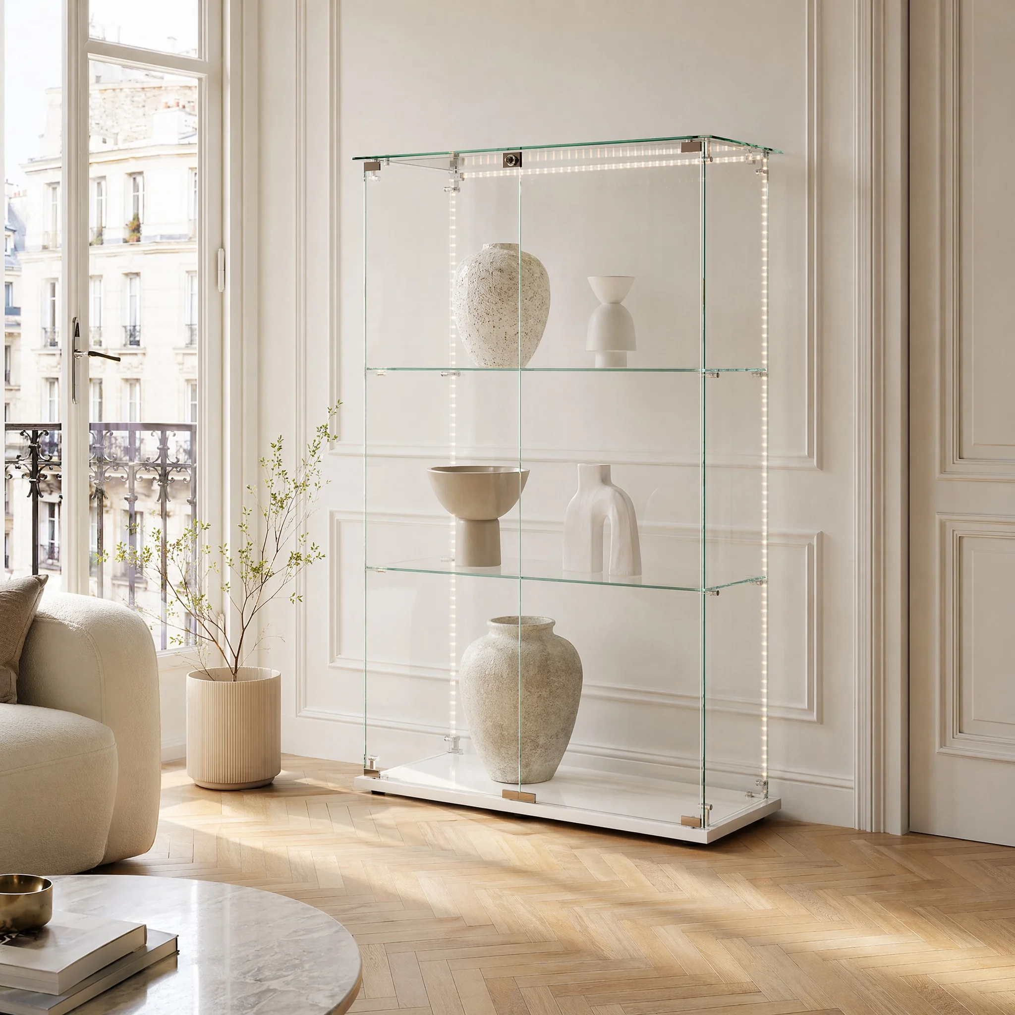 Vitrine en verre blanc sur pied, 3 niveaux, en verre et bois, 2 portes et serrure, vitrine de collection