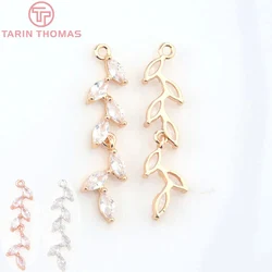 (4694) 6PCS 7x31MM 24K Champagne Gold Color Brass with Zircon Leaf Pendants High Quality DIY Jewelry Making Findings Wholesale