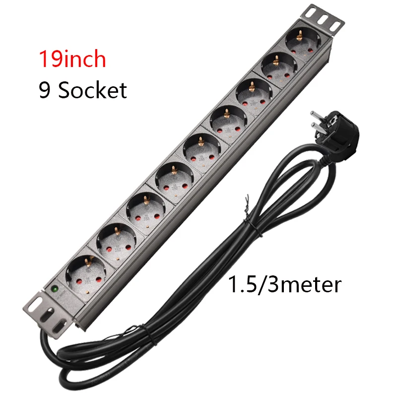 19inch Cabinet Rack Mount PDU Power Strip Distribution Unit German Outlets 9Ways Socket 1.5/3M extension cord LED