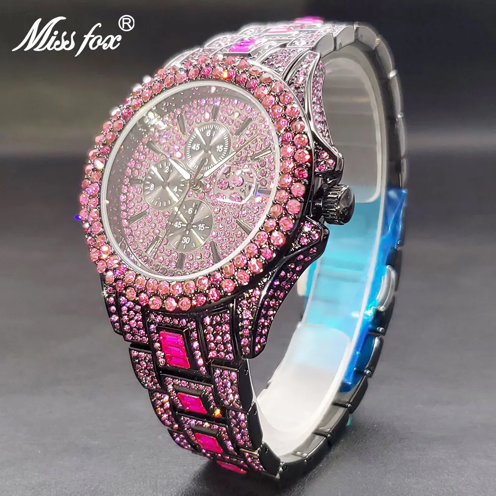 Pink Quartz Watch For Men Women Unisex Green Blue Diamond Iced Watches 3atm Waterproof Calendar Men's Wristwatches Dropshipping