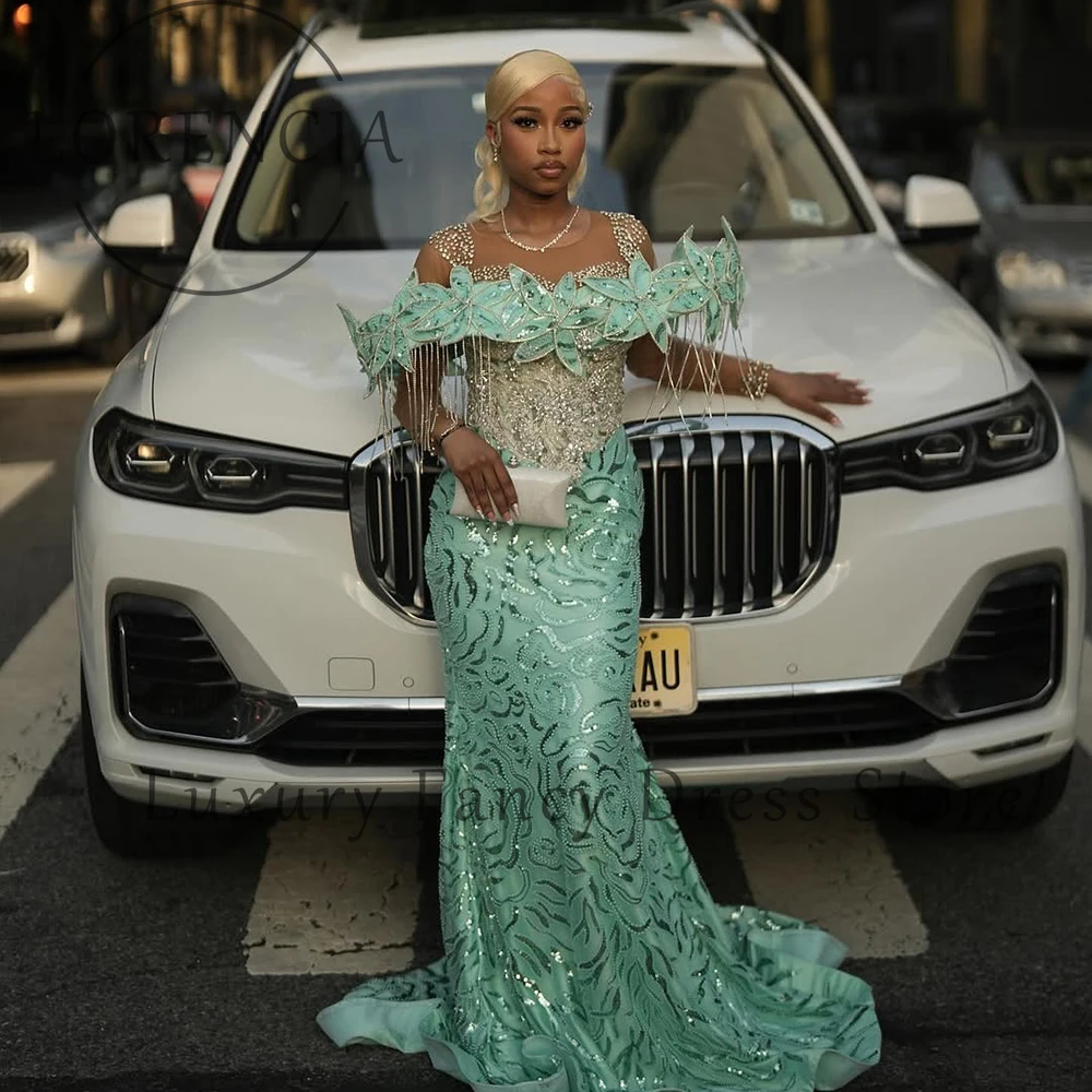 絶妙な葉の装飾品プロムドレスタッセルグリッターマーメイドウェディングパーティードレスカスタマイズされたノースリーブ