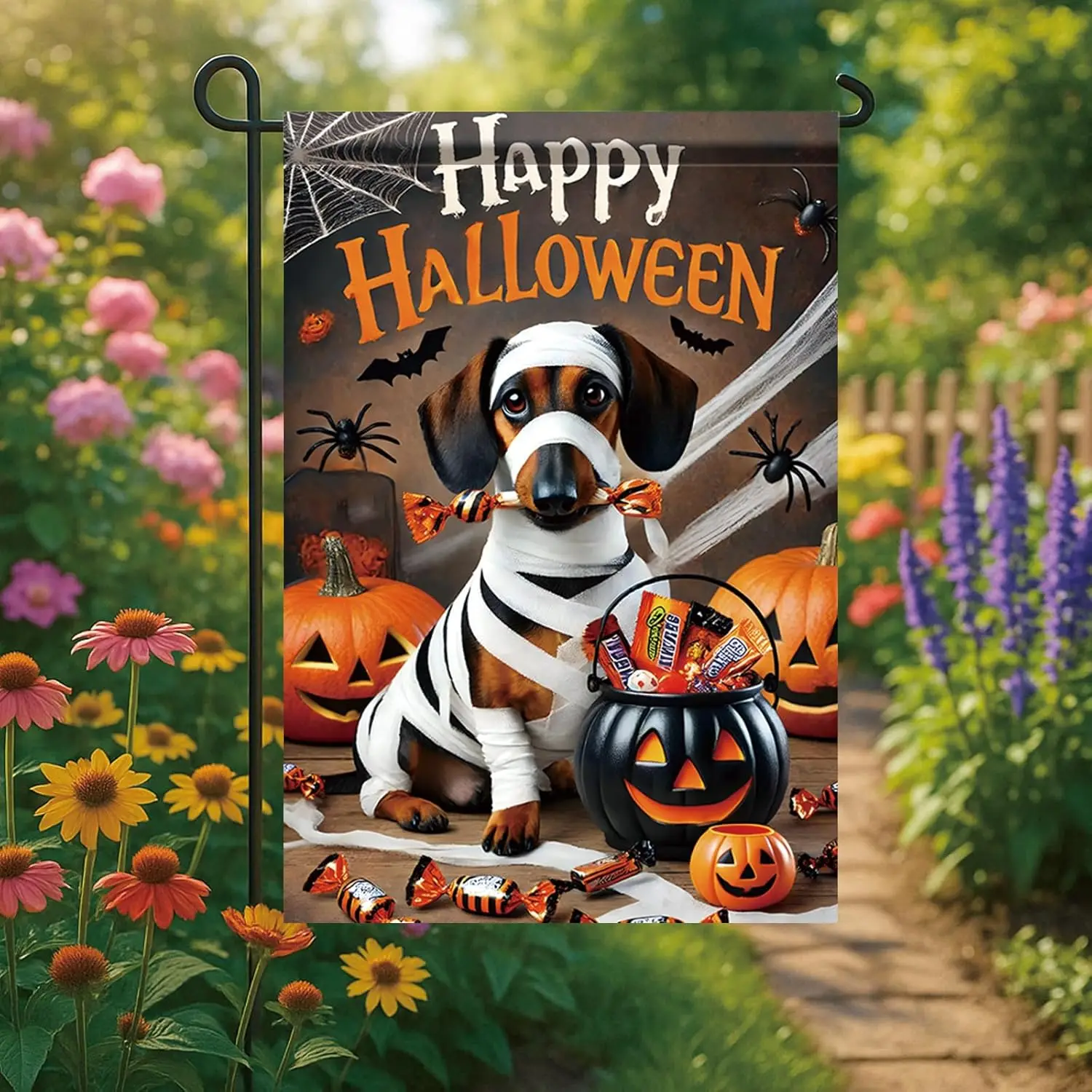 هالوين حديقة العلم المومياء الكلب الألماني اليقطين الحلوى 12x18 بوصة مزدوجة الوجهين في الهواء الطلق ساحة راية لخدعة أو علاج هانت FFI #2