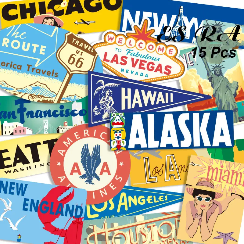 15 Pcs/Set BigSize Stickers Aesthetic Retro Pegatinas Matt Vinyl Travel Cities Laptop Decal for Suitacase Skateboard Decorat