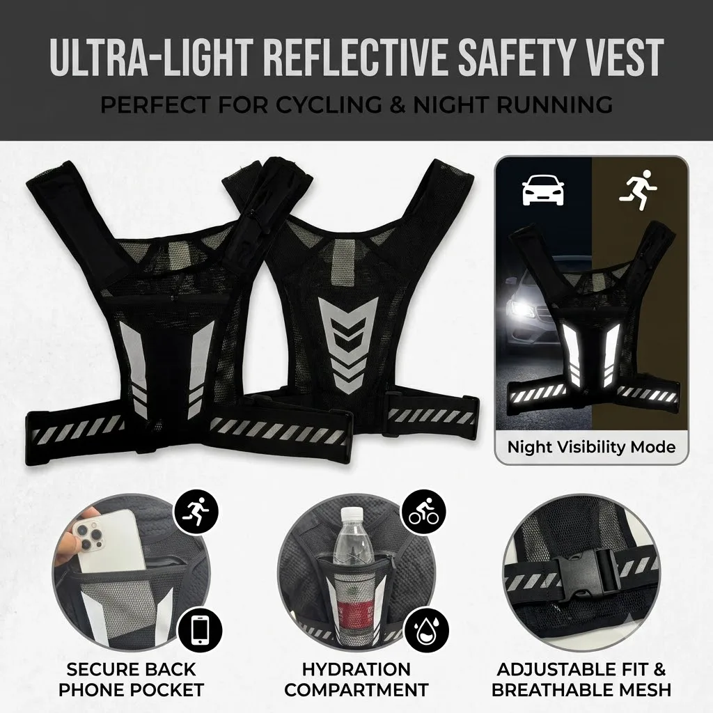 Ultra-Light Reflective Running Vest High Visibility Safety Gear with Phone Water Bottle Pocket Breathable Cycling Harness for Ni