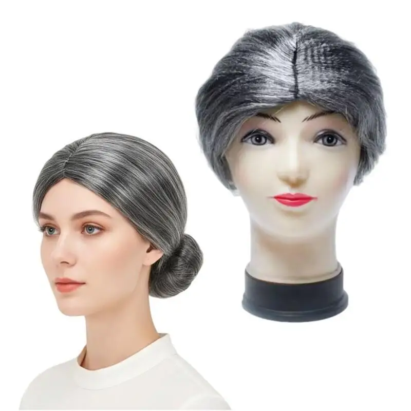 Old Lady Gray Bun Wig Synthetic Natural Looking Grandma Cosplay Wig Short Grey Hair Wig For Halloween Party Stage Performance