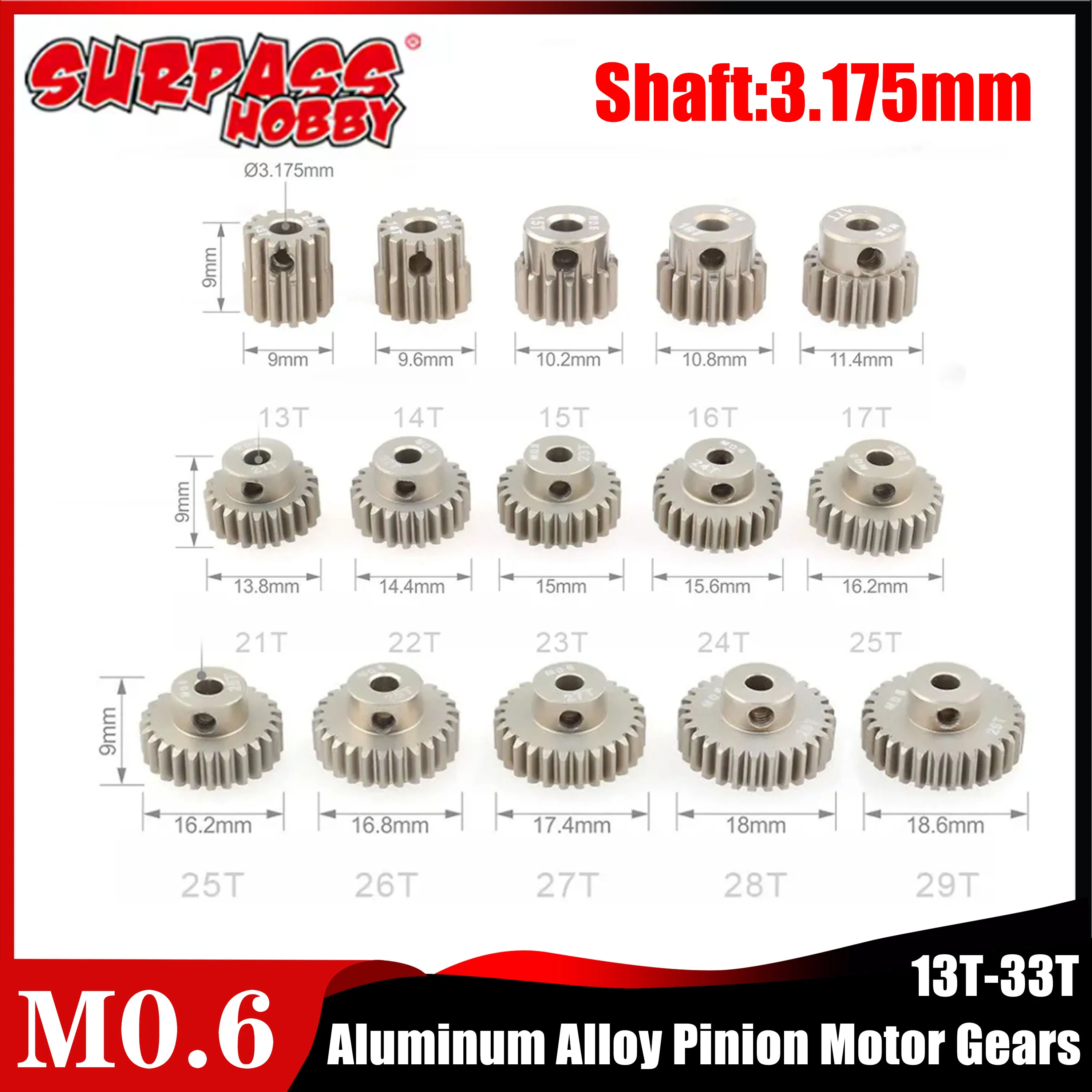 

M0.6 3.175mm Aluminum Alloy Pinion Motor Gears 13T 18T 19T 20T 21T 22T 25T 26T 27T 28T 31T 32T 33T for RC 1/10 Car Accessories