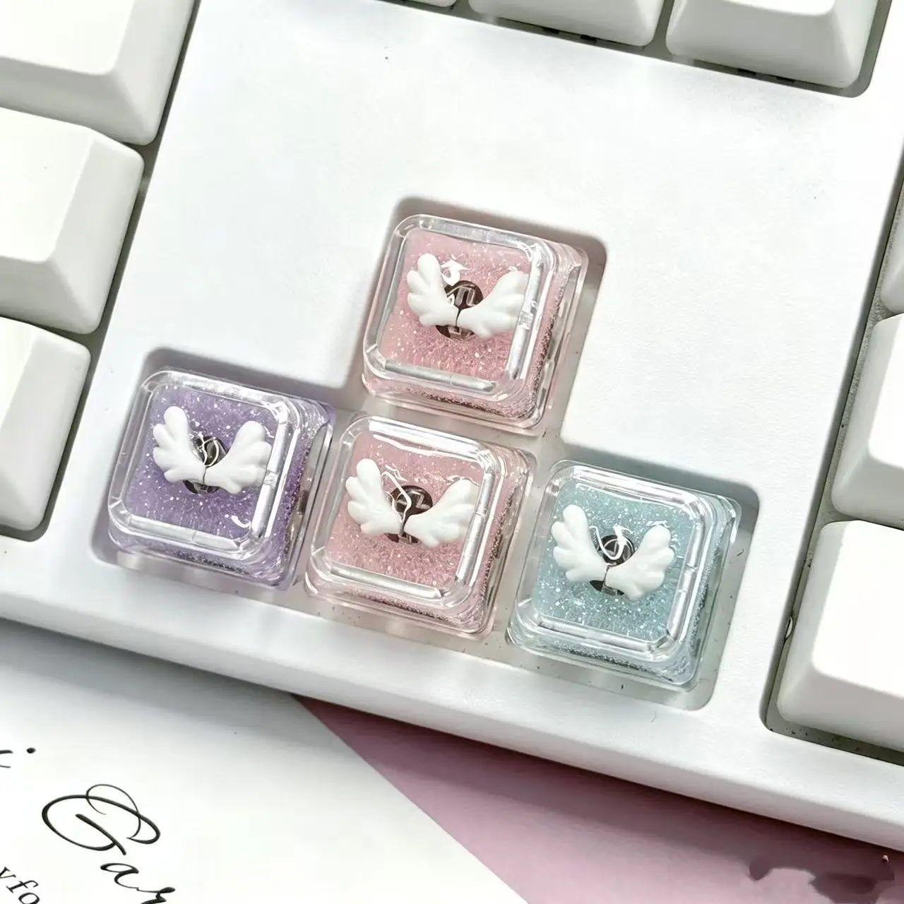 XDA High Angel Wings Keycaps Cute Pink Transparent Sparkling Pink Top and Bottom Cross Shaft Mechanical Keyboard Keycaps