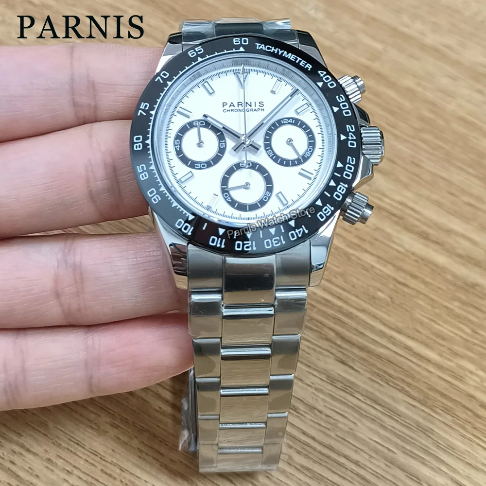 Parnis 39mm Men Sport Chronograph White Dial Watch Quartz VK63 Movement Wristwatch 24-hours Dial