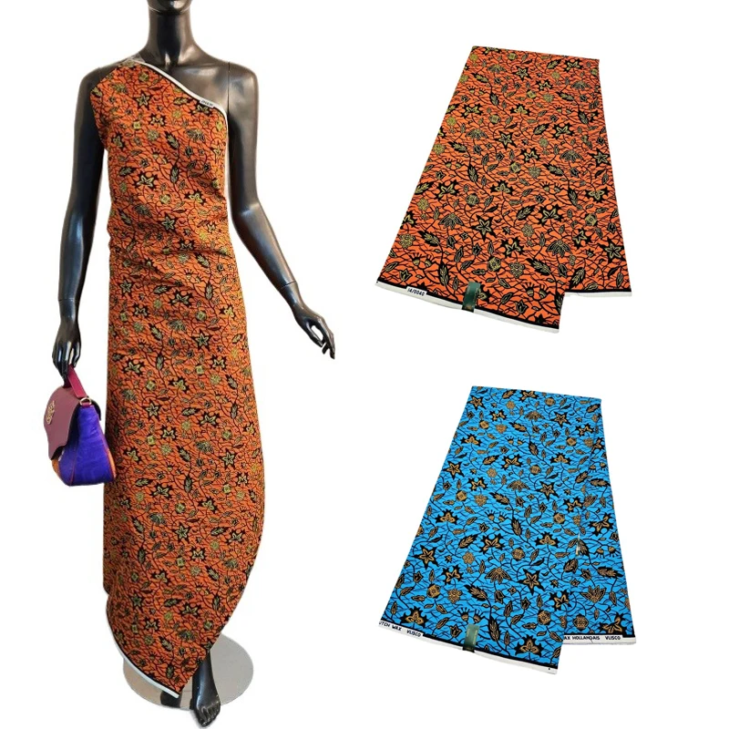 

46 дюймов, ширина 6 ярдов, длинная сине-оранжевая хлопковая африканская восковая ткань для шитья листьев, ткань батик с принтом для подушек платья R2863