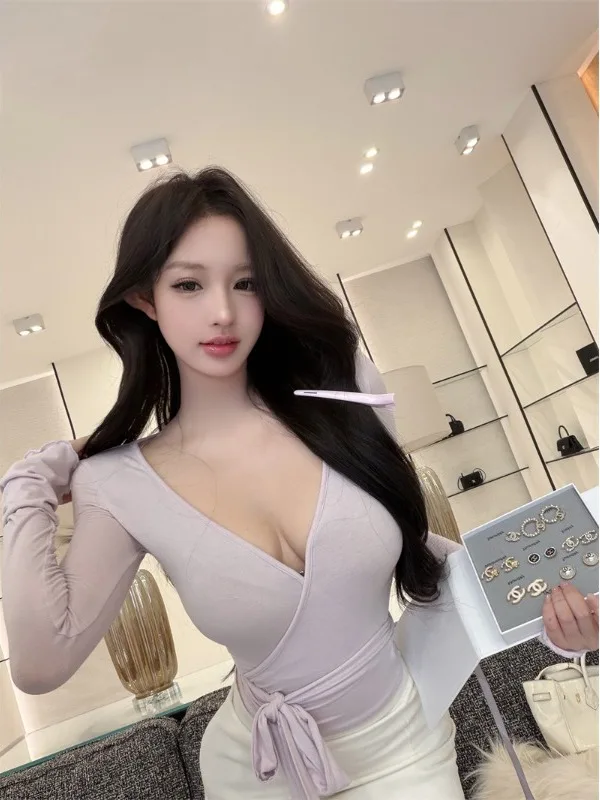 Slim Fit V-Neck T-Shirt Women's Autumn Waist-Cinching Blue Pure Desire Short Base Shirt Top Asymmetrical Strap Design Travel ...