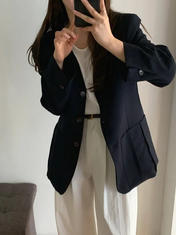 Fashionable Korean Style Single Button V-Neck Suit Jacket Women's Outerwear Top Chic Maturity Light Elegant Feel