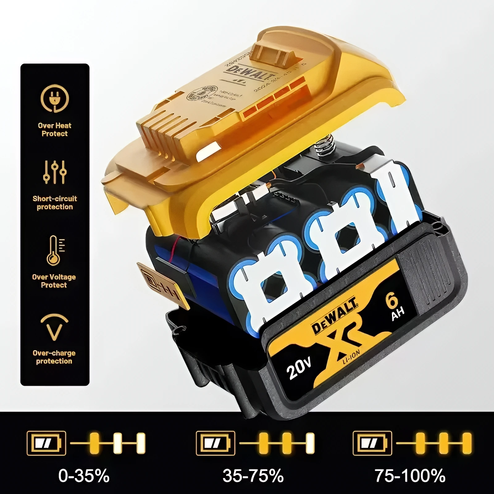 오리지널 DCB206 디월트 배터리 20V 맥스 6Ah XR 리튬 이온 강력 전동 무선 공구 키트 세트 교체용 충전식