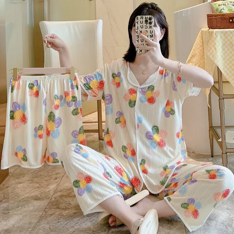 Women\'s Pajamas Three-piece Bows Female Cartoon Short Sleeve Long Pants Pajamas Lapel Loungewear Female Home Wear Pajamas  Set