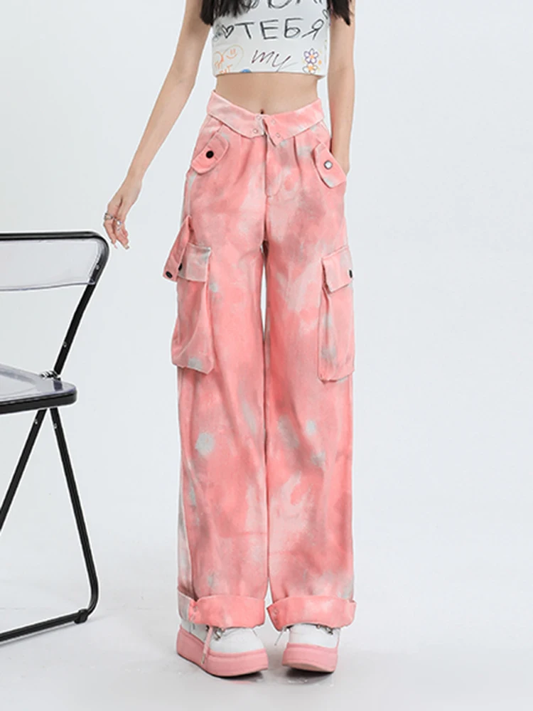 High Fashion Camouflage Women Street Pink Jeans Pockets Wide Leg High Waist Denim Pants Female Loose Streetwear Casual Trousers