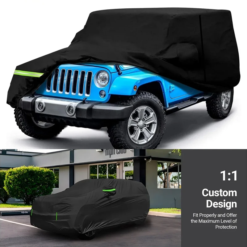 

Waterproof Black Car Cover Fit For Jeep Wrangler 2 Doors 1987-2022 All Weather With Zipper Door Snow Rain Dust Hail Protection