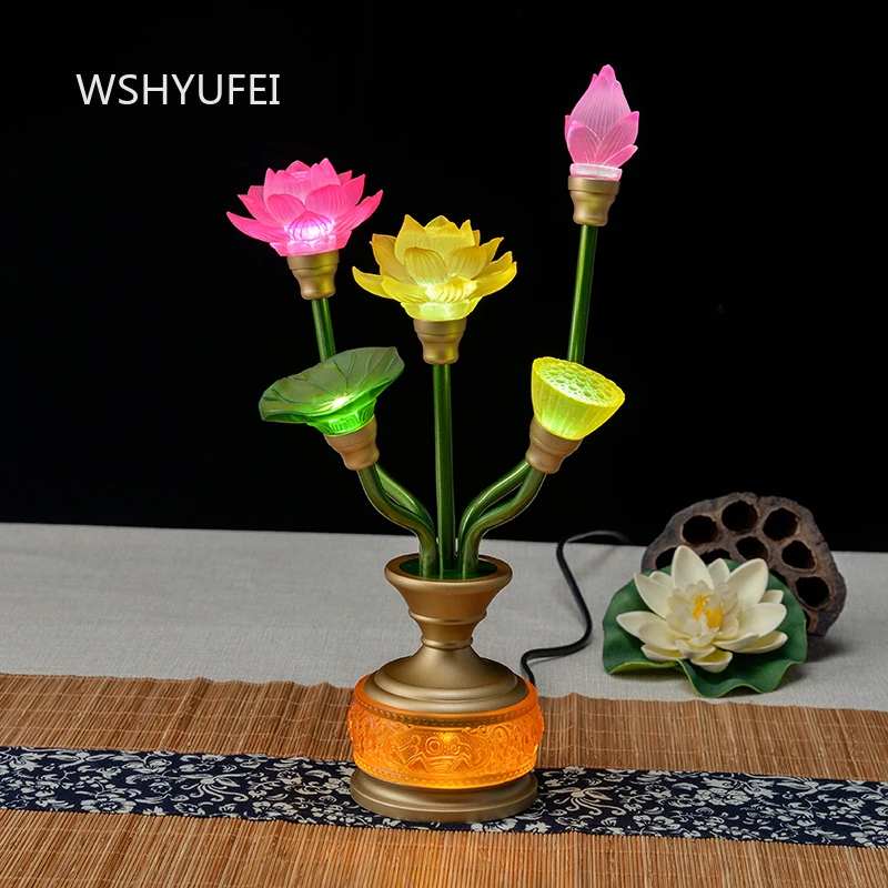 Buddhist Crystal LED Rainbow Lotus Lamp Color Changing Lotus Lamp Household Guanyin Changming Lamp Decorative Ornaments