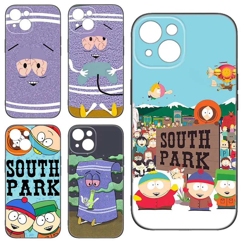 Cartoon S-South P-Park Black Silicone Phone Case For Apple iPhone 12 13 Mini 11 14 15 Pro Max 7 8 Plus X XR XS SE 2020 2022