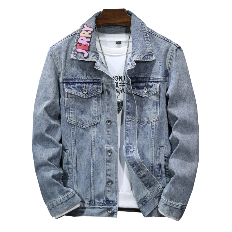 Cartoon print design denim jacket men's autumn 2024 New coat casual fashion street retro collar loose coat