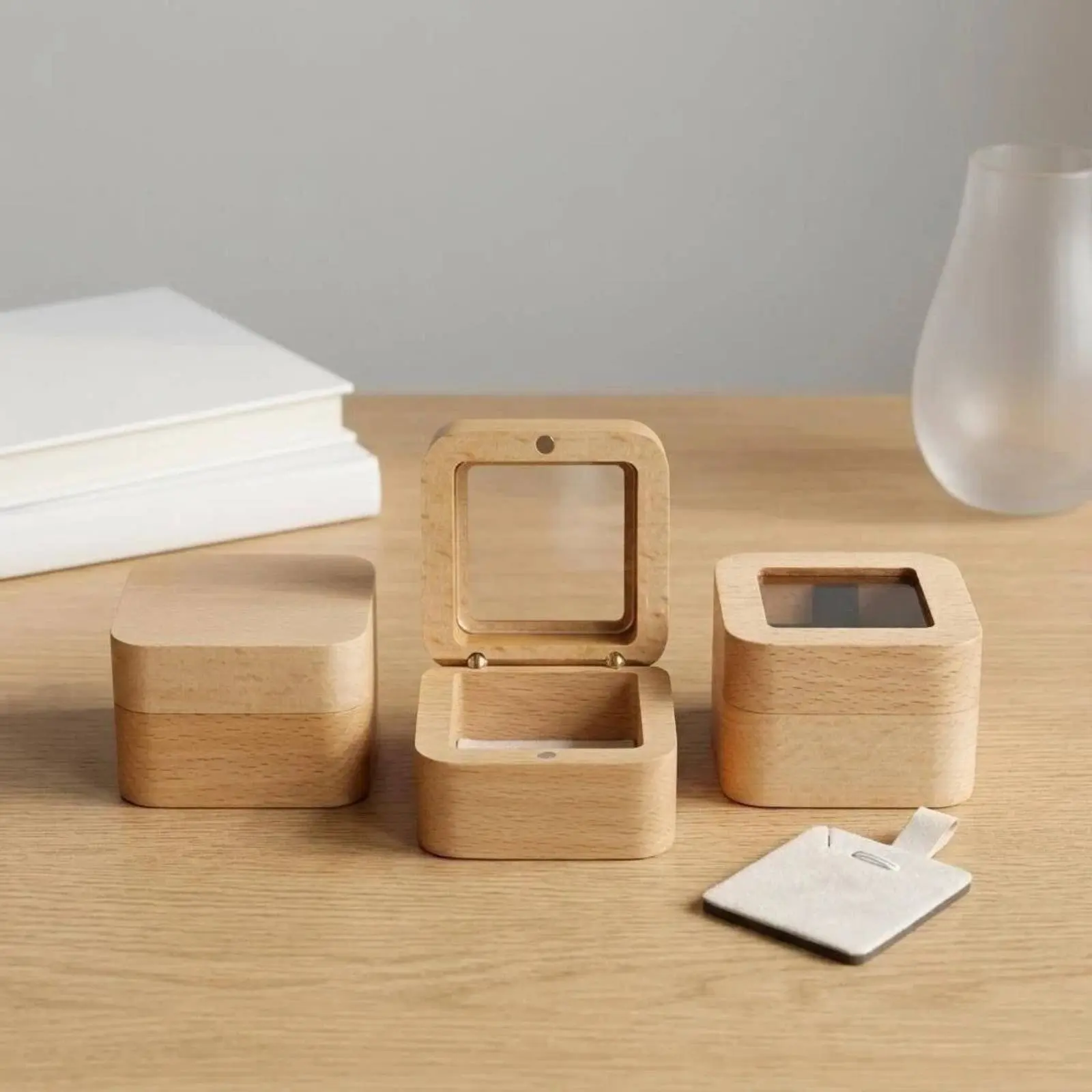 

Beech Wood Jewelry Box Proposal Use Small Square Jewelry Box Gift Packaging Compact Size for Women
