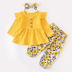 Toddler Autumn Newborn Baby Girl Cute Clothes Set Yellow Cotton Long Sleeve Knitted Ribbed Top Floral Pants Headband 3Pcs Outfit