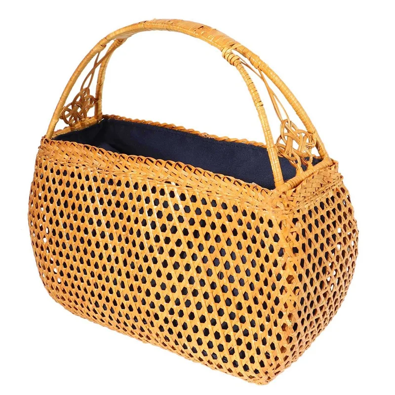 NEW-2X Women Bamboo Bags Bohemian Female Summer Beach Handbag Lady Vintage Rattan Knitted Bag Hollow Handmade Woven