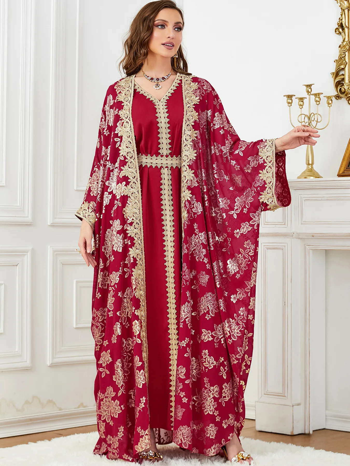 Middle East Abaya Woman Long-sleeved Cardigan and Dress Abaya Robe Gold-stamped Muslim Arab Clothing Two-piece Dress