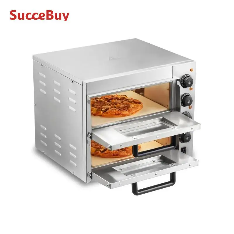 VEVOR Kommerzieller Pizzaofen Backofen 2-lagig 356 mm, elektrischer Pizzaofen aus Edelstahl mit vier Drehknöpfen, Mehrzweck-Pizzamaker Indoor, zum Backen im Restaurant, zu Hause, Silber