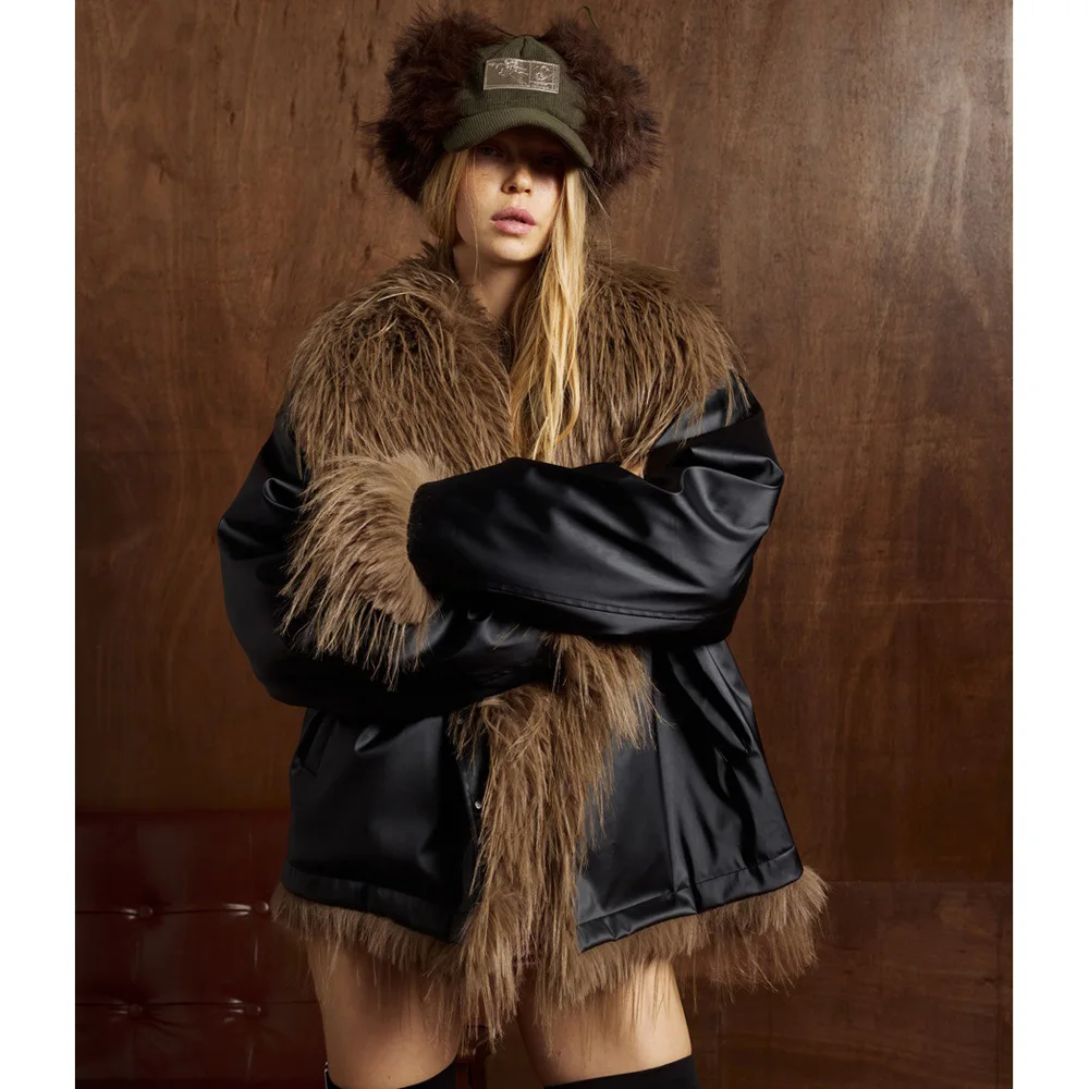 المرأة الأمريكية الشارع الشهير خمر Y2k الفراء طوق الشتاء رشاقته سترة جلدية الحلو فتاة فضفاضة عادية قصيرة سترات معطف الإناث #2