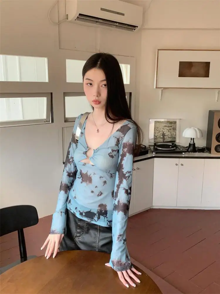 Yedinas Blue Tie Dye Hollow Out Sexy Mesh Tops Long Sleeve T Shirt Women Clothes See Through Y2k Tee Shirt Femme Autumn 2023