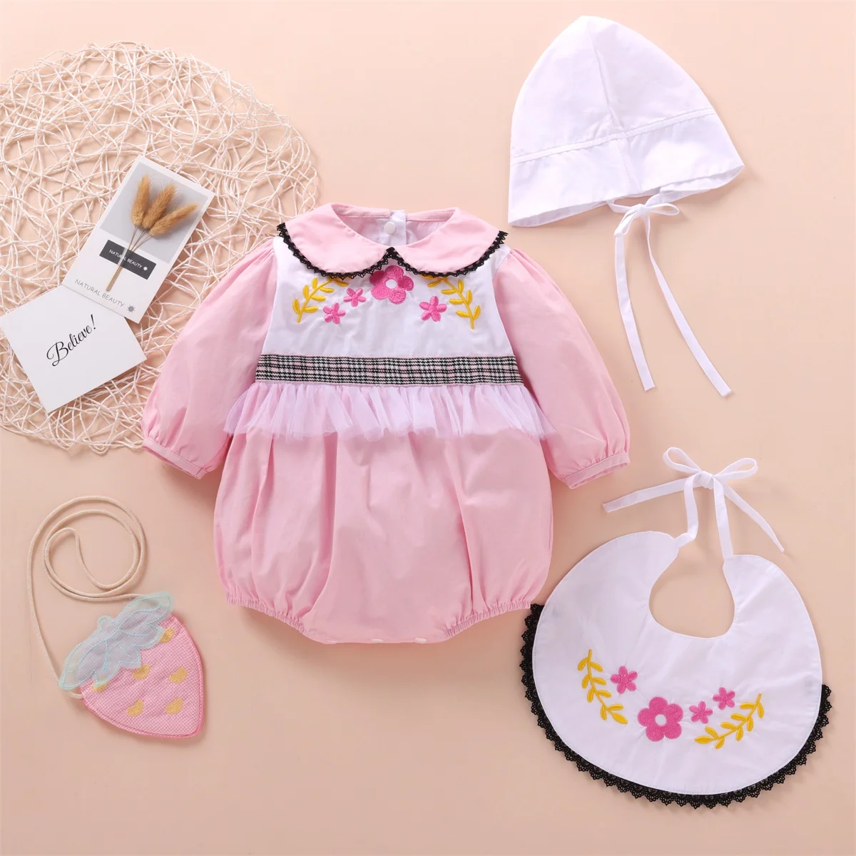Retro Princess Baby Girl's Four-Piece Set Embroidered Sweet Color Match Spring Summer Outfit with Bottom Cover Hat Bib And Bag
