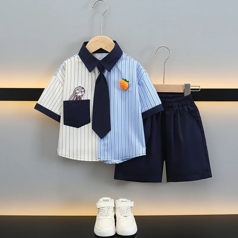 

Летний комплект для мальчиков: футболка и шорты, двухцветный костюм, модная детская одежда из хлопковой смеси, удобная и дышащая.