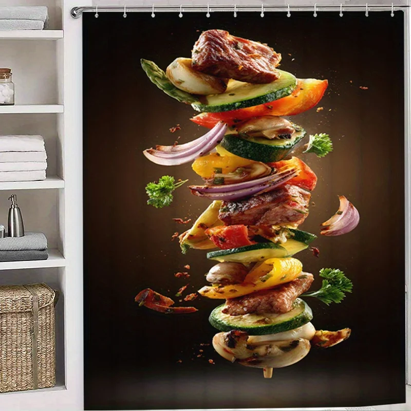 Delicious Kebab Shower Curtain - Realistic Food Print, Grilled Meat & Vegetable Skewer, Waterproof Bathroom Decor Multiple Sizes