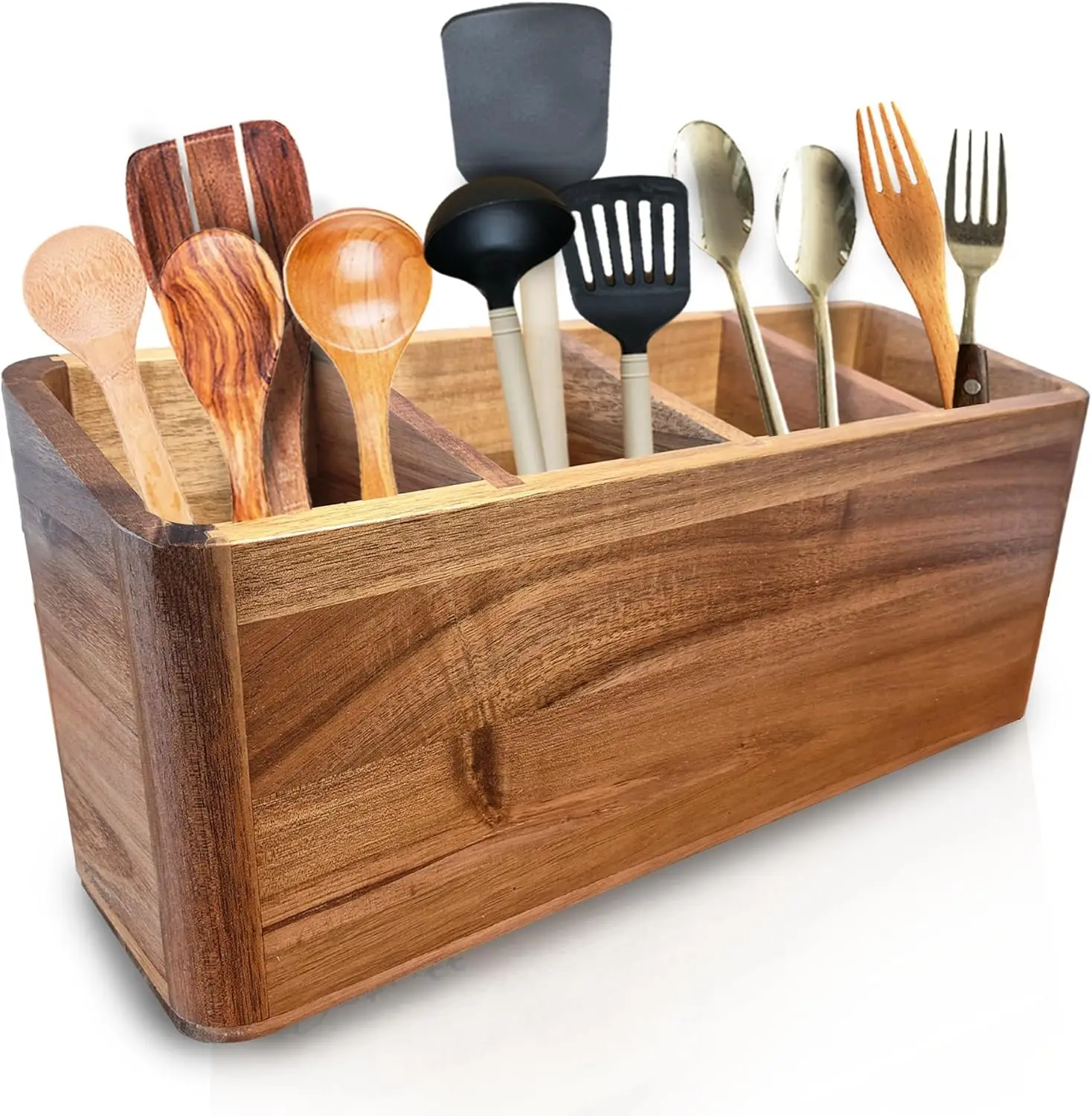 

Large Wooden Kitchen Utensil Holder Organizer for Countertop, Acacia Rustic Storage Container with 4 Compartments