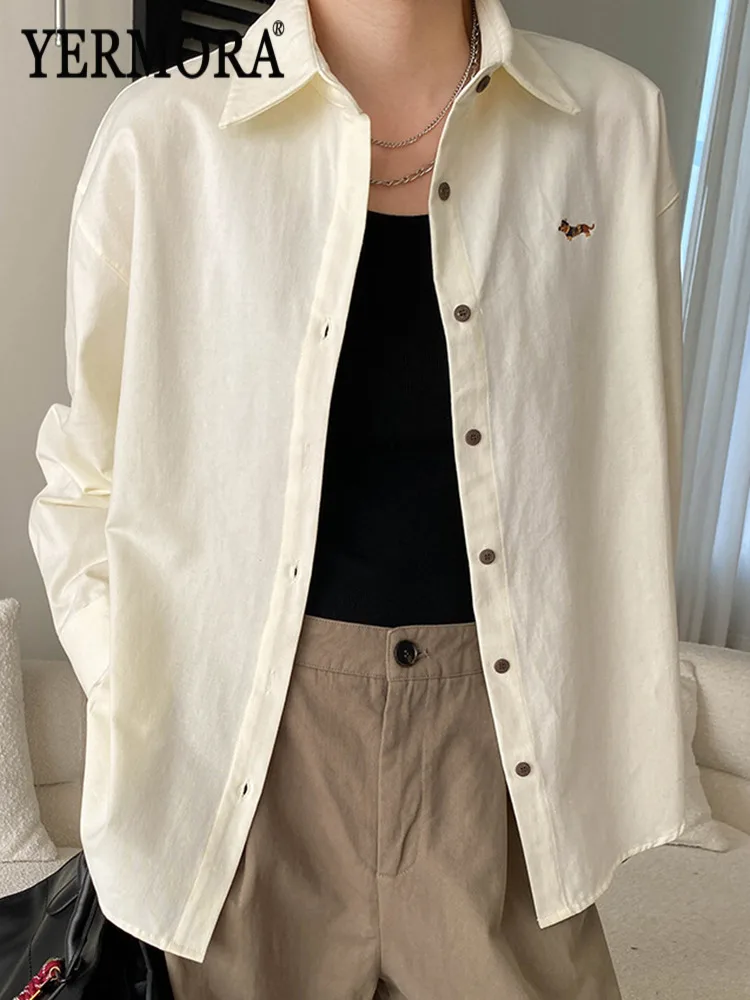 

YERMORA Beige Embroiderey Brief Casual Blouse For Women Lapel Long Sleeve Loose New Shirt Fashion Tide Spring Autumn 2026