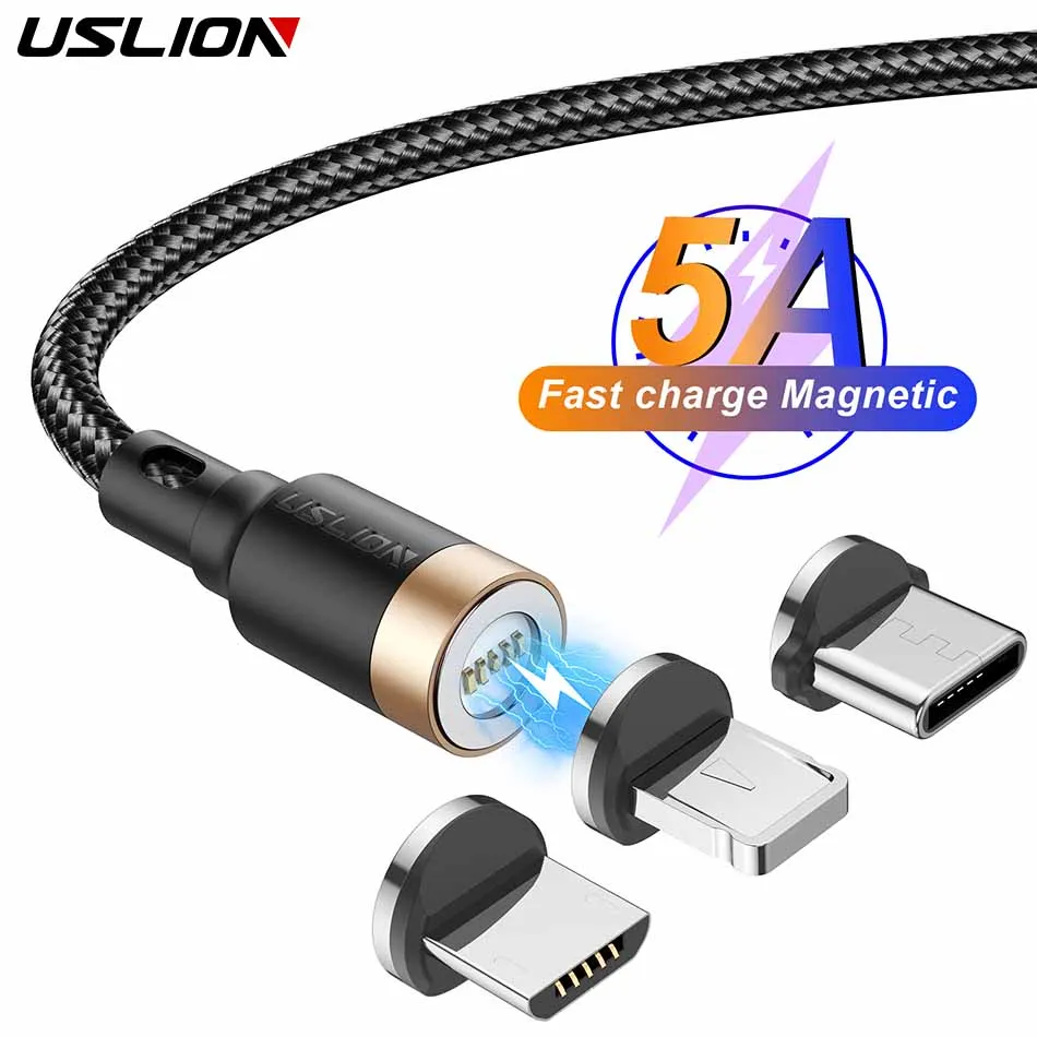 USLION 5A Magnetic Cable Fast Charging For Mobile Phone Magnet Charger Wire Cord Micro Type C Cable For iPhone 14 Xiaomi Huawei