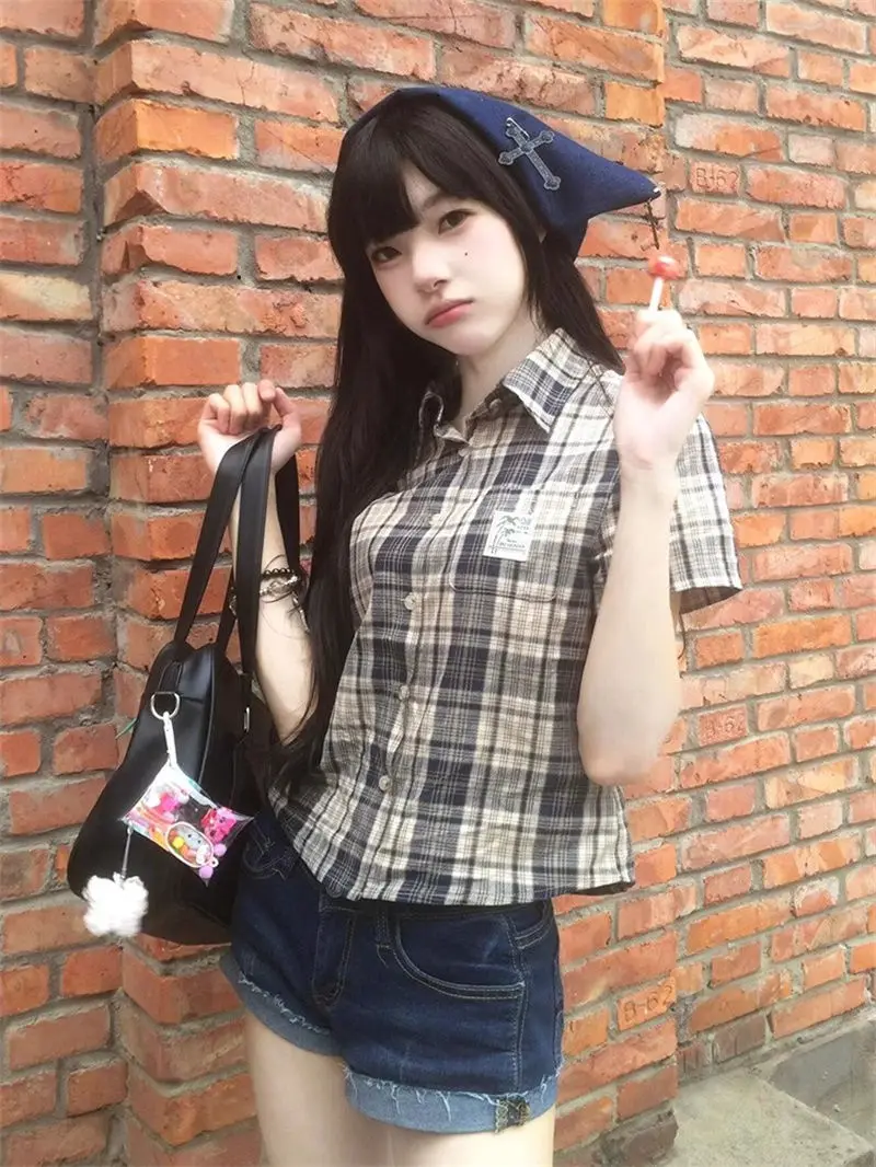 Japanse Harajuku Base Slanke Blouse Y2k Esthetische Contrast Kleur Plaid Knop Vintage Kleding High Street Punk Vrouwen Tops