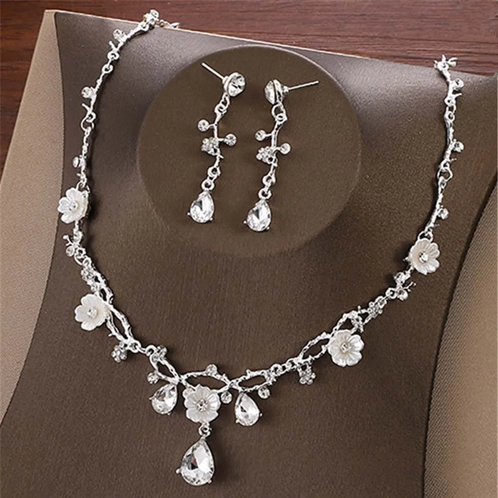 

Elegant Alloy Kids Crown Set Shiny Flower Rhinestone Necklace Earrings Thai Style Round Droplet Bridal Jewelry Set Gift