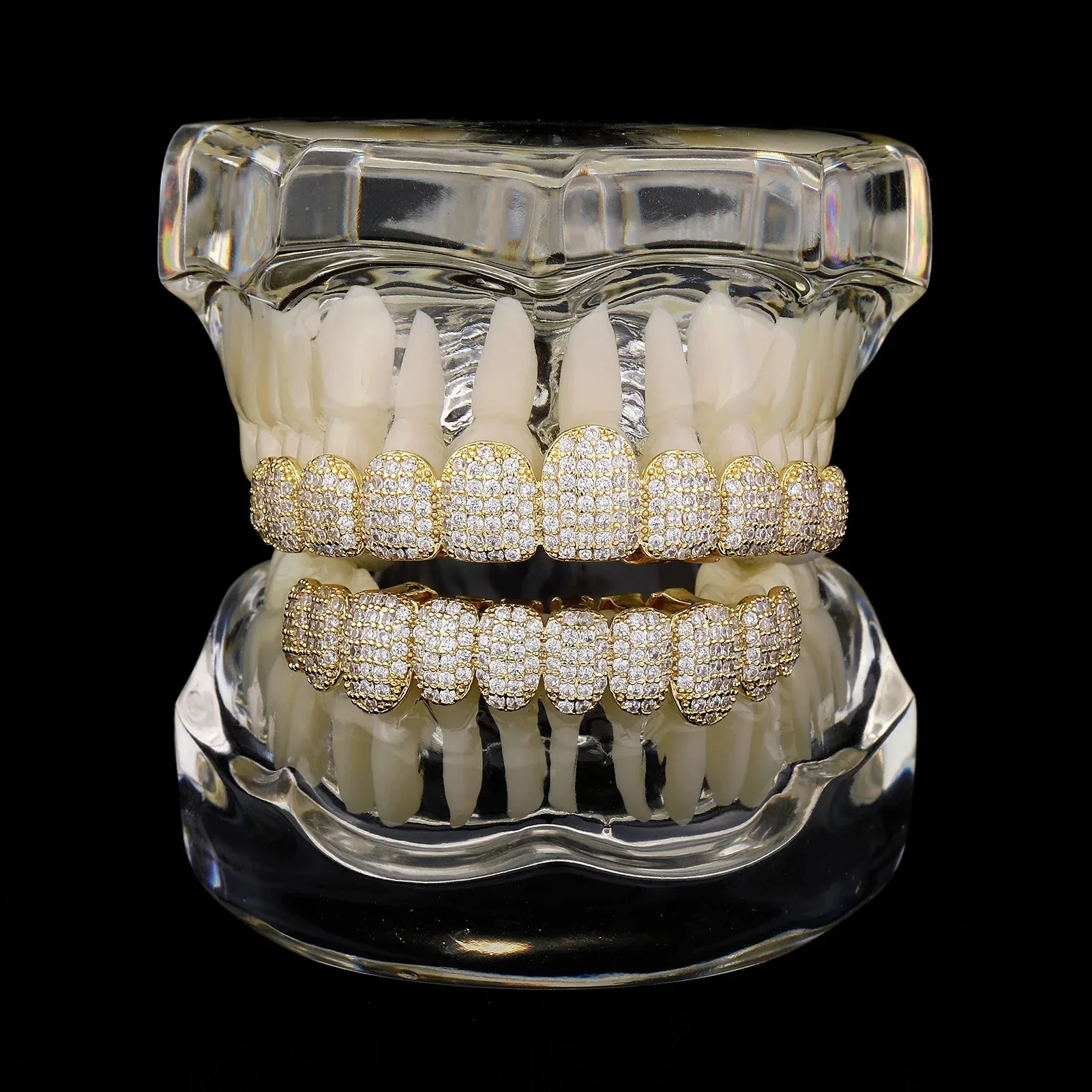 14K Gold Plated Iced out 10 Top & 10 Bottom Teeth Grillz with 5A CZ Stones Punk Rapper Zircon Tooth Caps for Mouth Jewelry