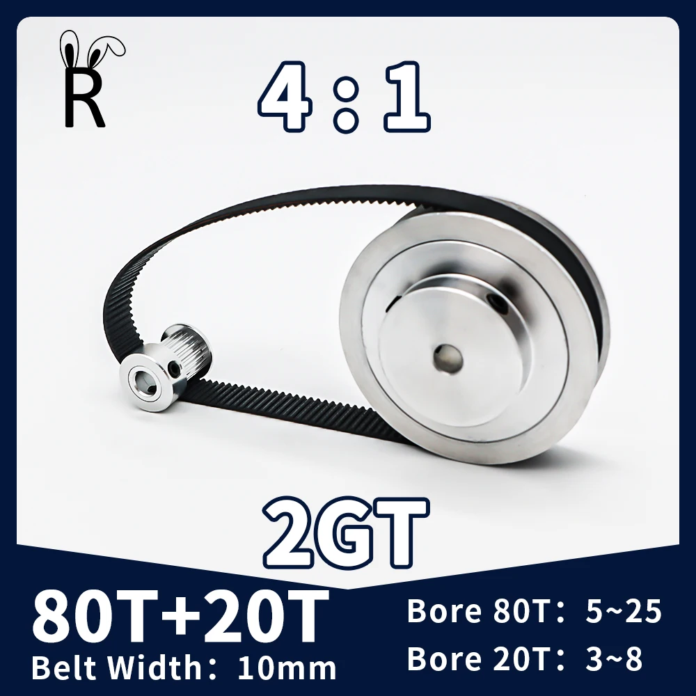 

80T 20Teeth 2GT Timing Pulley 3D Printer Parts Reduction4:1 Bore 3~25mm Belt Width 10mm 2M Synchronous Wheel GT2 Pulley Belt Kit