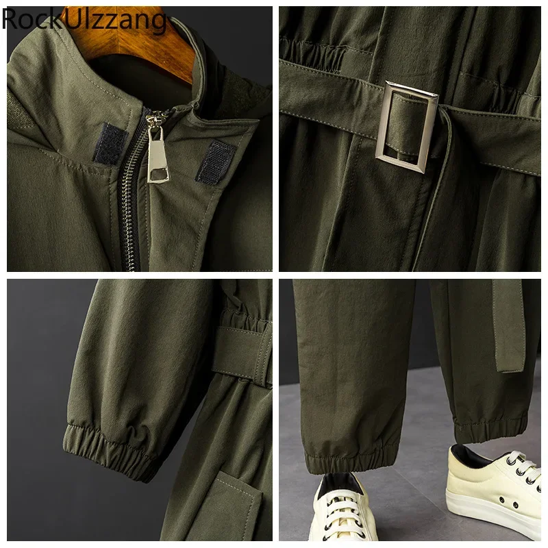 Zip Up Belt Pocket Camo Black Long Sleeve Hooded Top Long Jumpsuit Men Streetwear Japanese Hip Hop Jogger Pant Romper Overalls