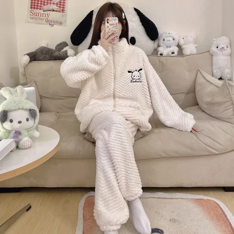 

Новая Пижама полако Miniso на молнии коралловый флисовый комплект для отдыха из двух предметов осень-зима Удобная универсальная домашняя одежда с круглым вырезом