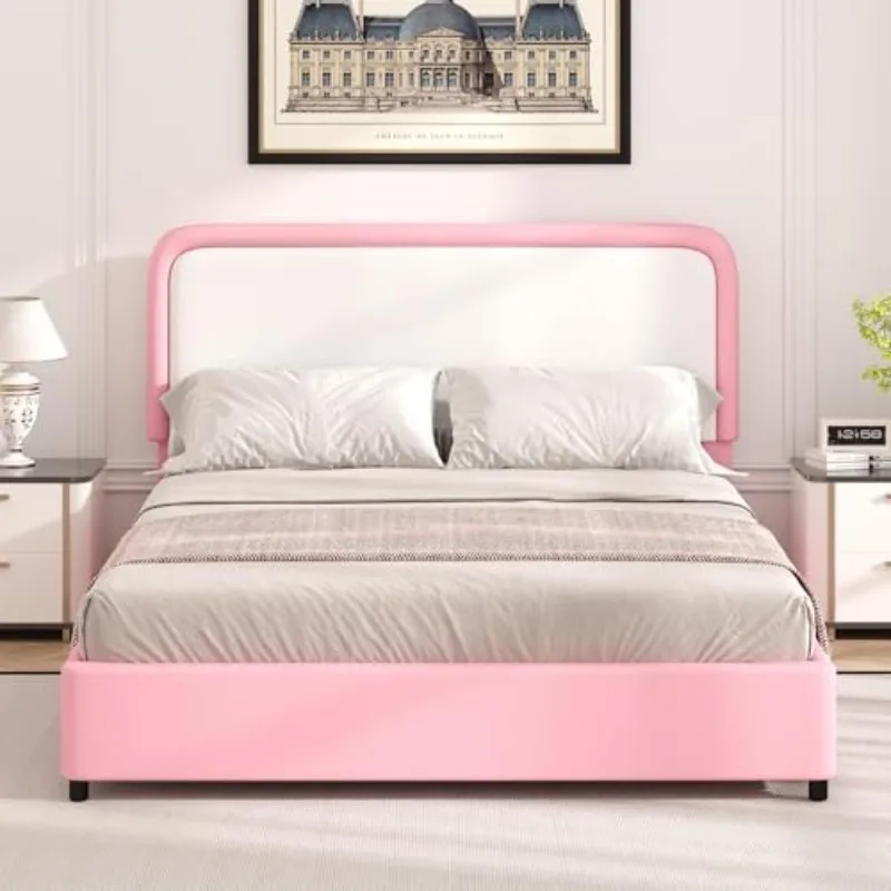 Upholstered Bed Frame Queen, Faux Leather Platform Bed with Curved Headboard, Classic Color-Block Design, Soft Rounded