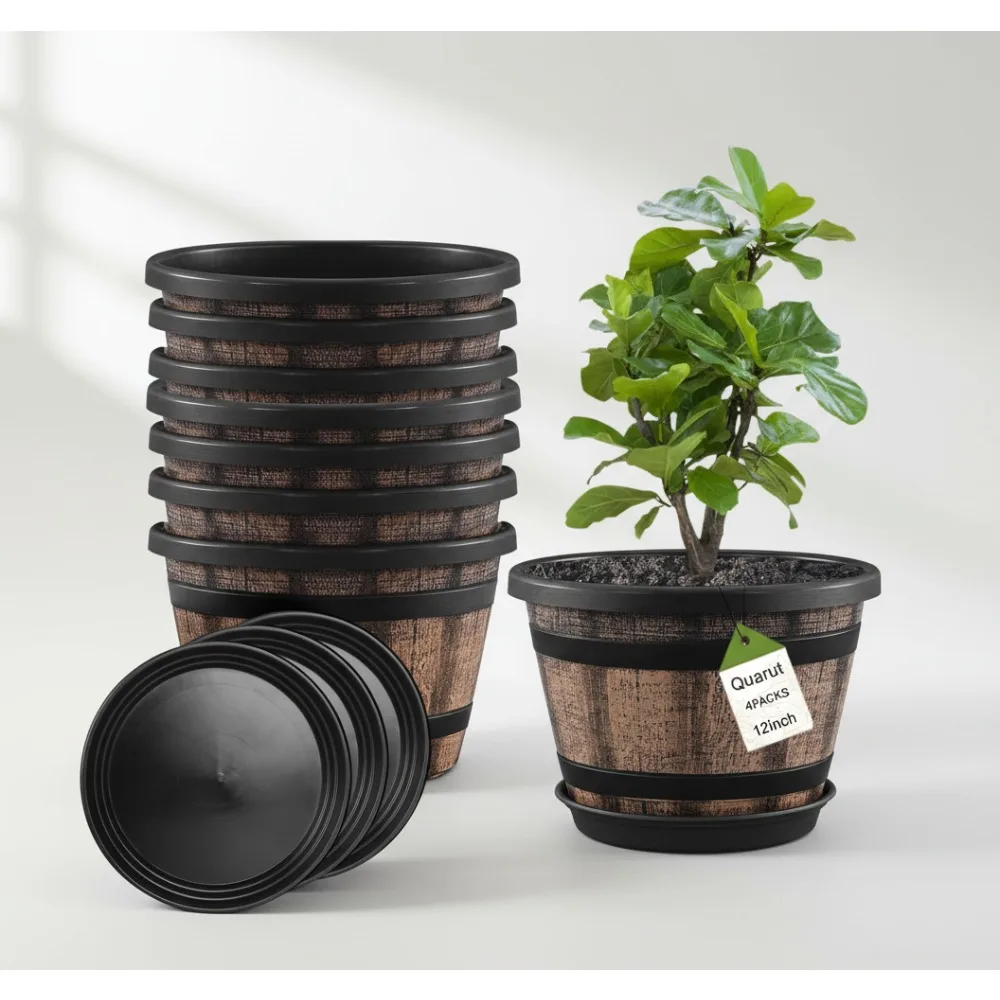 

Large Whiskey Barrel Planters Set of 4, 12 Inch Plastic Flower Pots with Drainage Holes & Saucers for Indoor Outdoor Garden