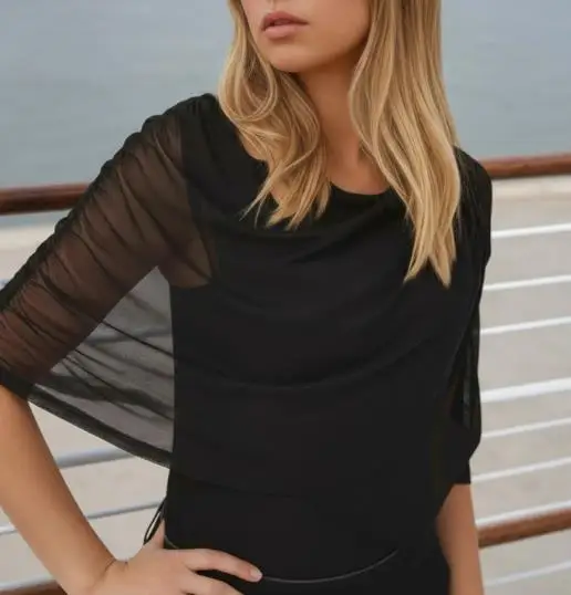 

Spring and Summer New Solid Color Round Neck Mesh Splicing Slim Fit Top for Women, Elegant and Fashionable Solid Color Top