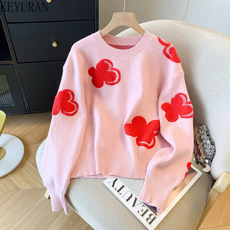 

Floral Jacquard Knitted Pullover Women's Sweater 2025 Autumn Korean Fashion Round Neck Long Sleeve Casual Knitwear Tops Jumpers